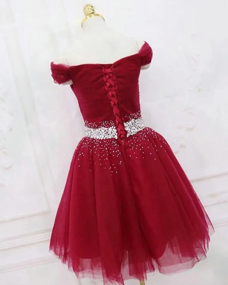 Off the Shoulder Red Short Homecoming Dress Beaded Tulle Lace Up