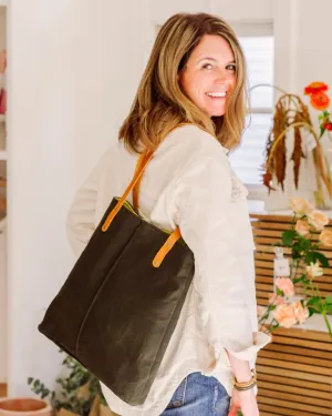 Over-the-Shoulder City TOTE Army Green WAXED Canvas Outside