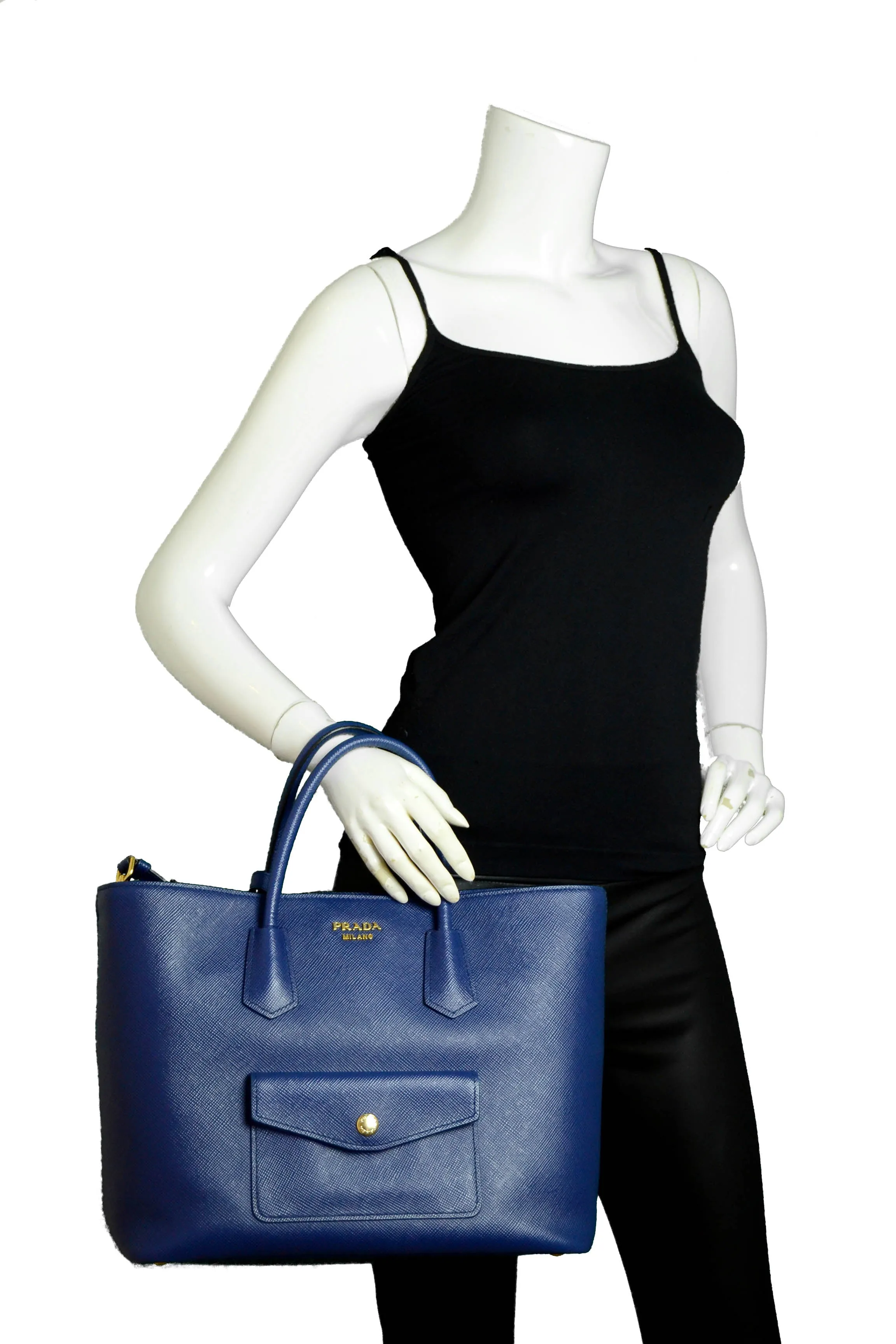 Prada Bluette Saffiano Front Pocket Tote Bag