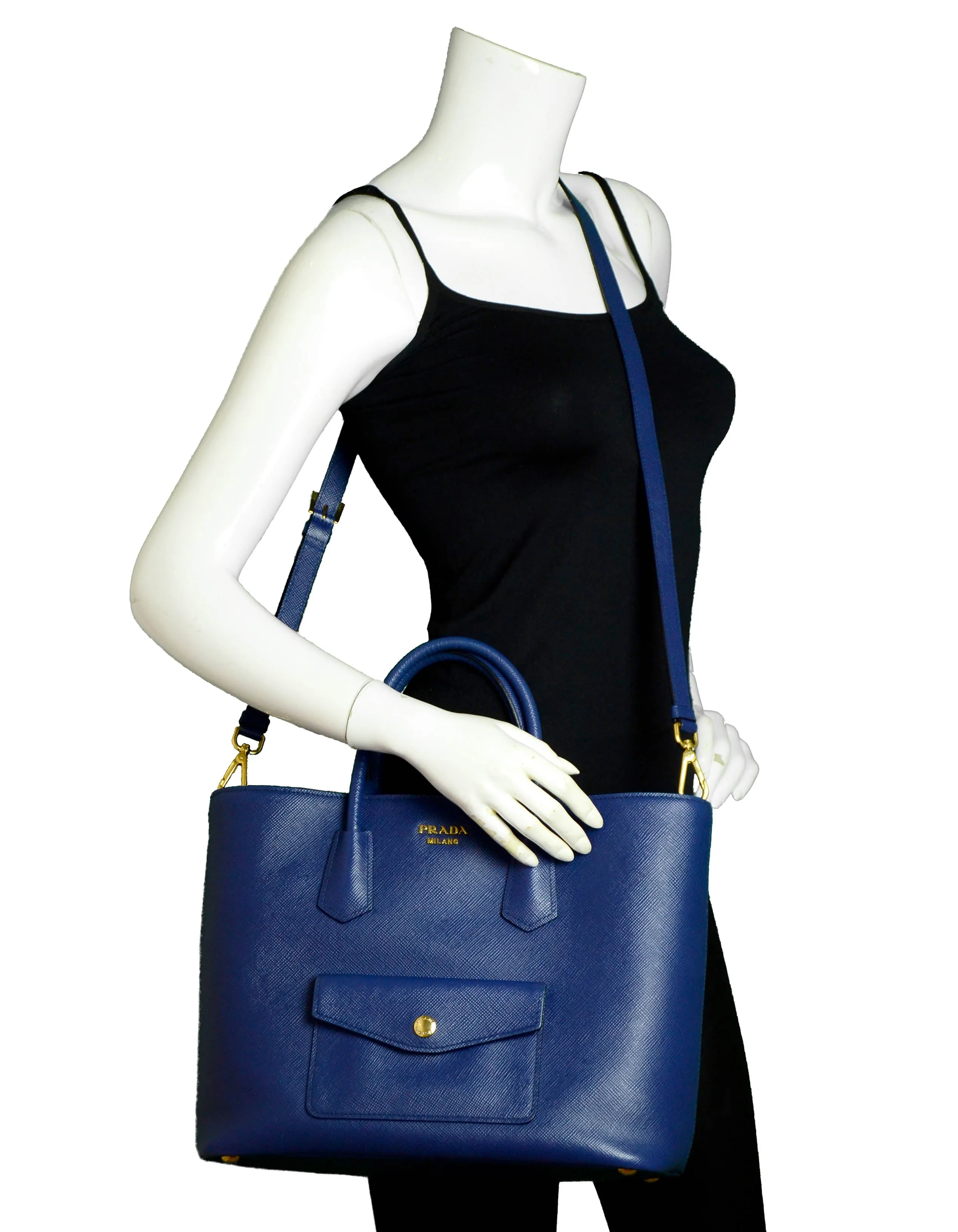 Prada Bluette Saffiano Front Pocket Tote Bag