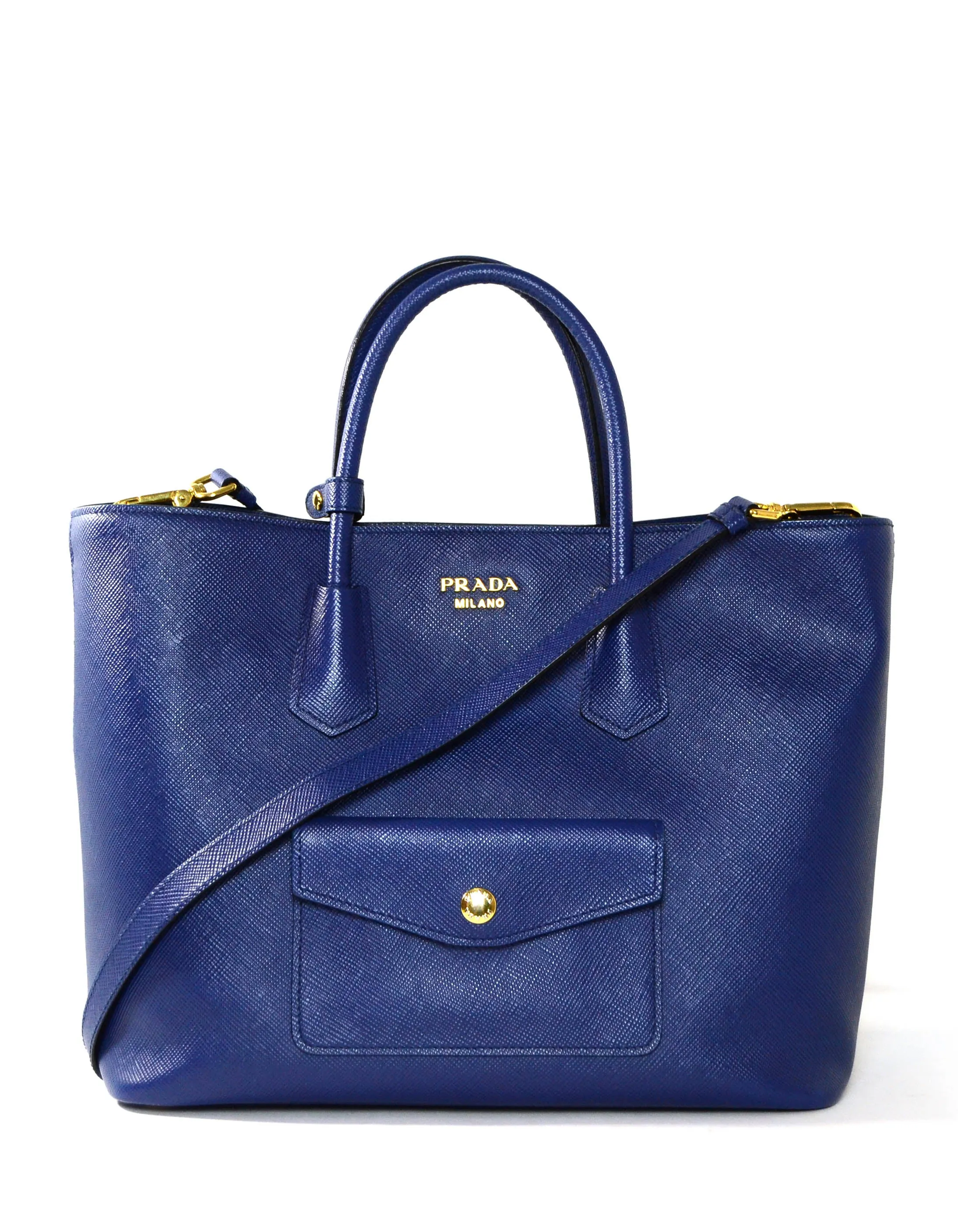 Prada Bluette Saffiano Front Pocket Tote Bag