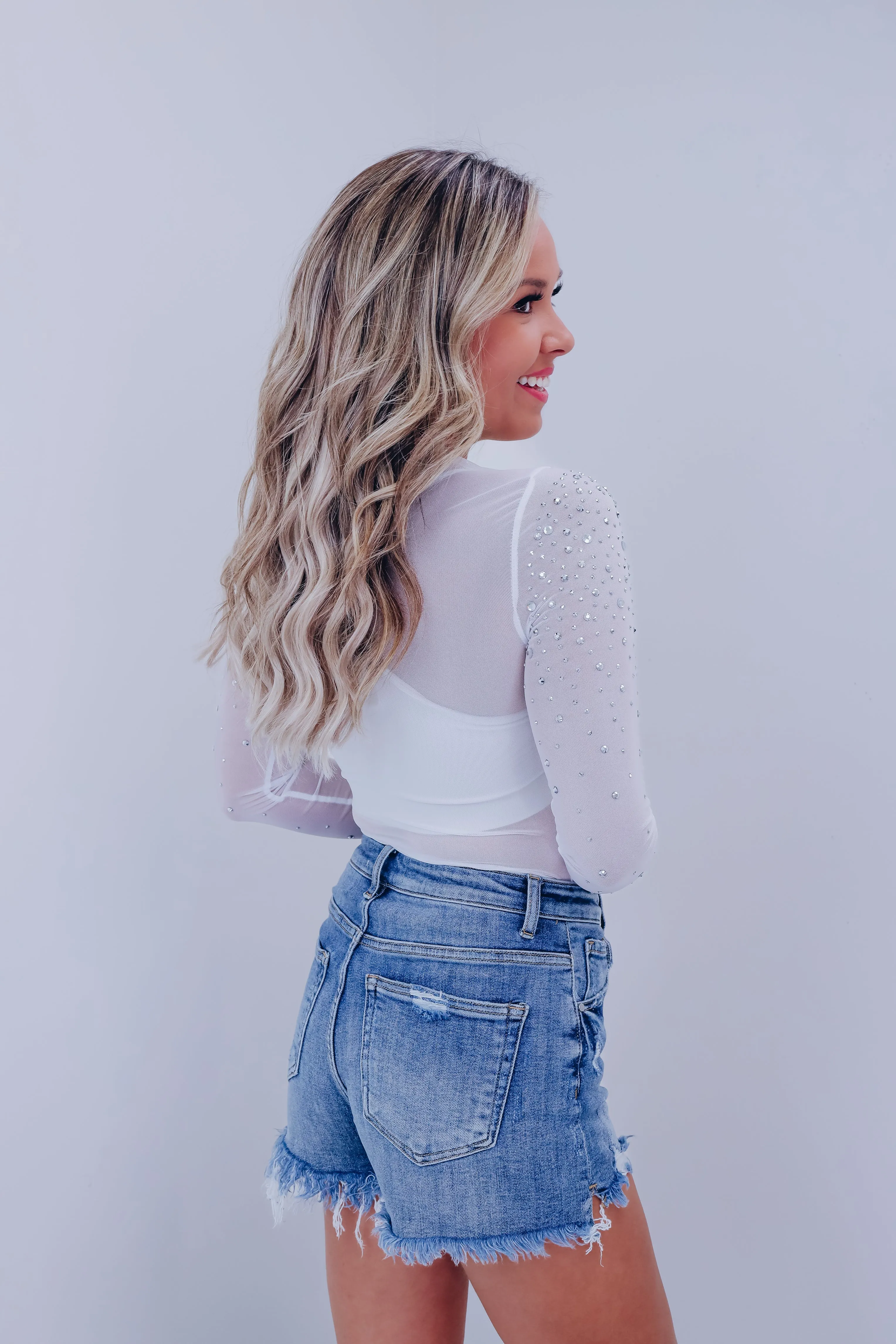 Regal Rhinestone Mesh Bodysuit - White