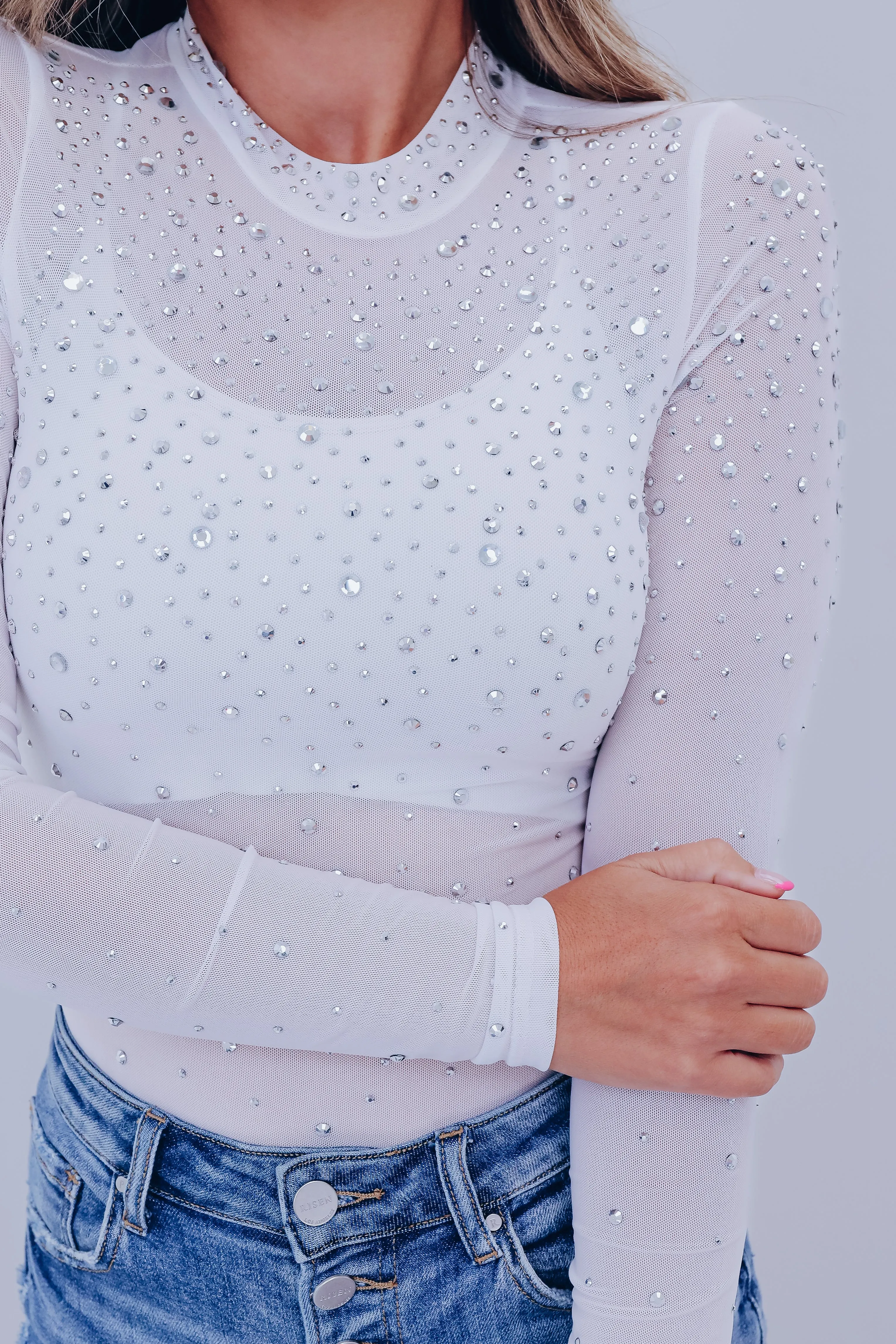 Regal Rhinestone Mesh Bodysuit - White