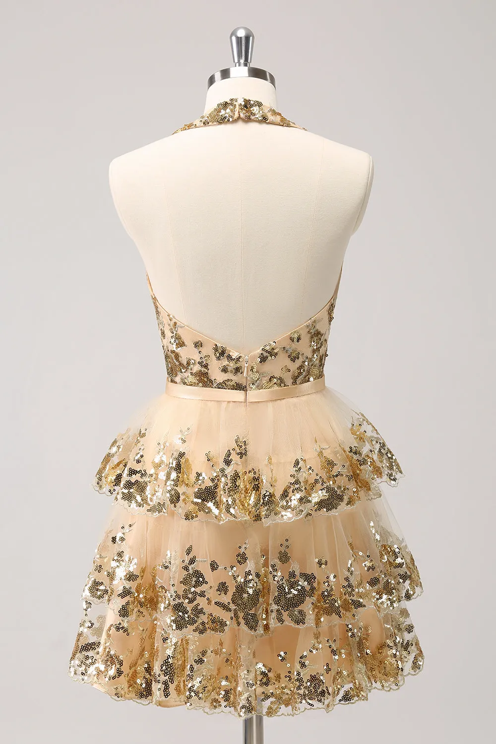 Sparkly A Line Halter Corset Tiered Backless Gold Homecoming Dress with Sequins