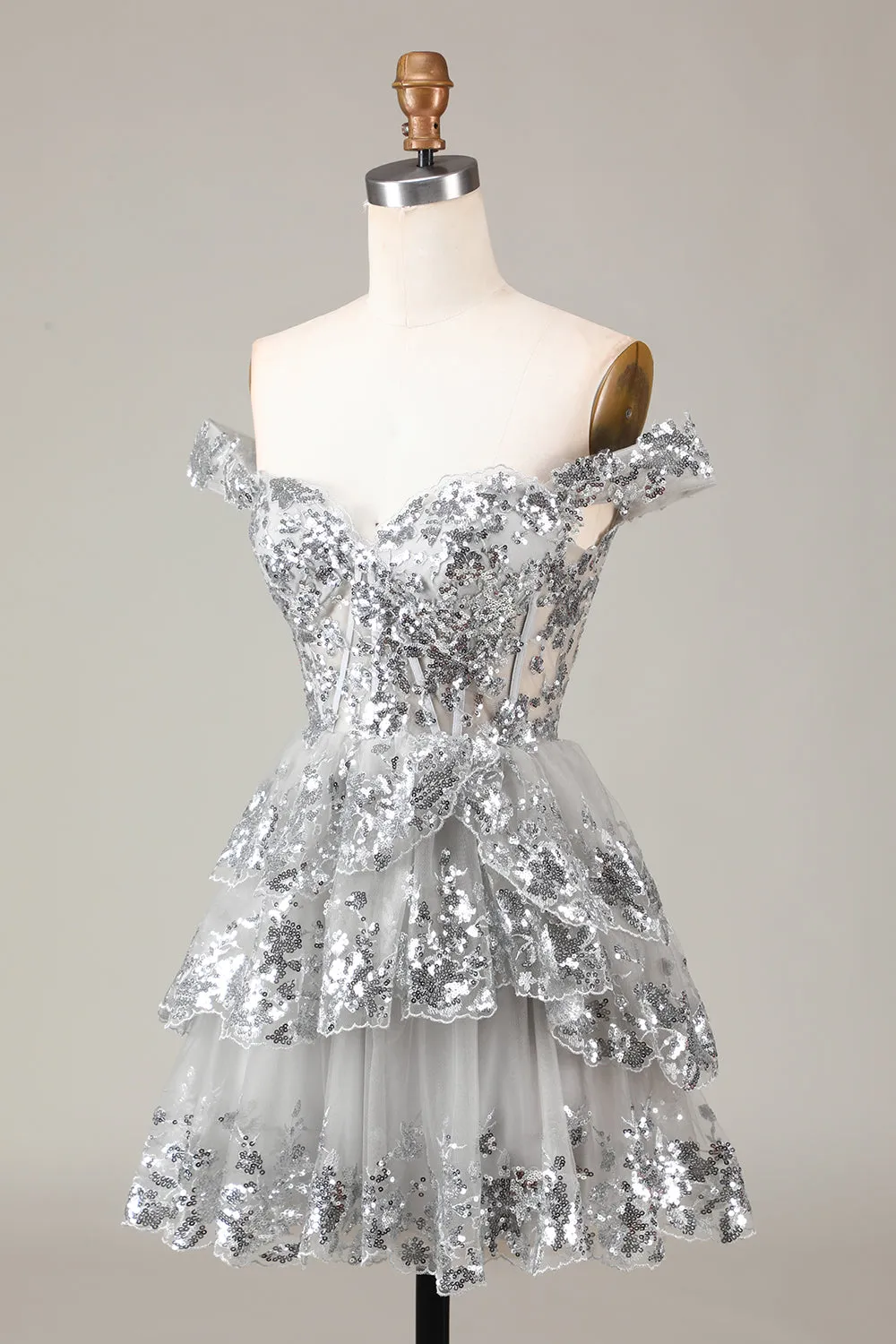 Sparkly Black A Line Off The Shoulder Corset Tiered Short Homecoming Dress