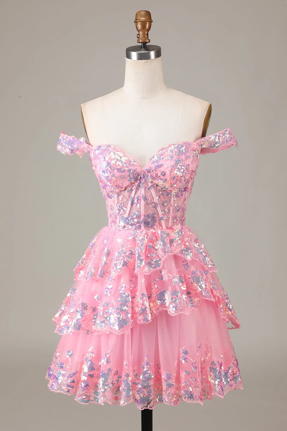 Sparkly Black A Line Off The Shoulder Corset Tiered Short Homecoming Dress