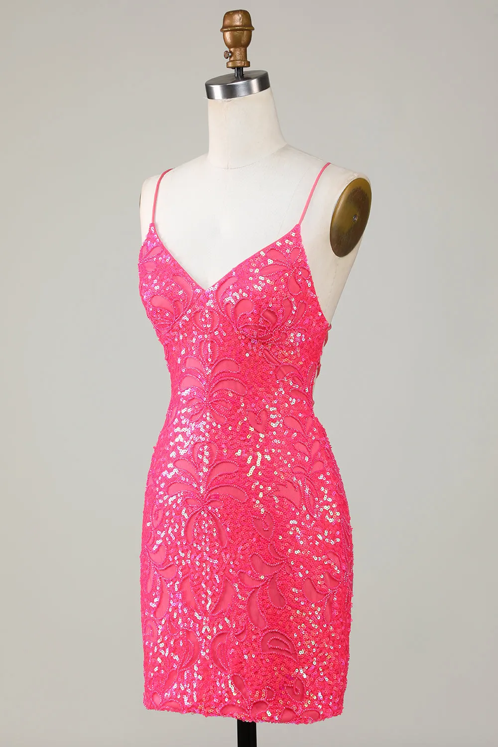 Sparkly Fuchsia Spaghetti Straps Beaded Tight Short Homecoming Dress