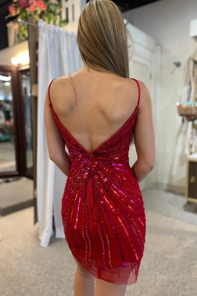 Sparkly Golden Sequined V-Neck Tight Homecoming Dress