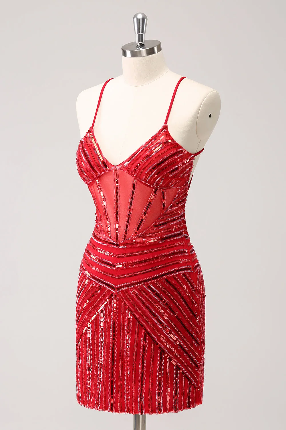 Sparkly Unique Red Tight Spaghetti Straps Backless Sequin Homecoming Dress
