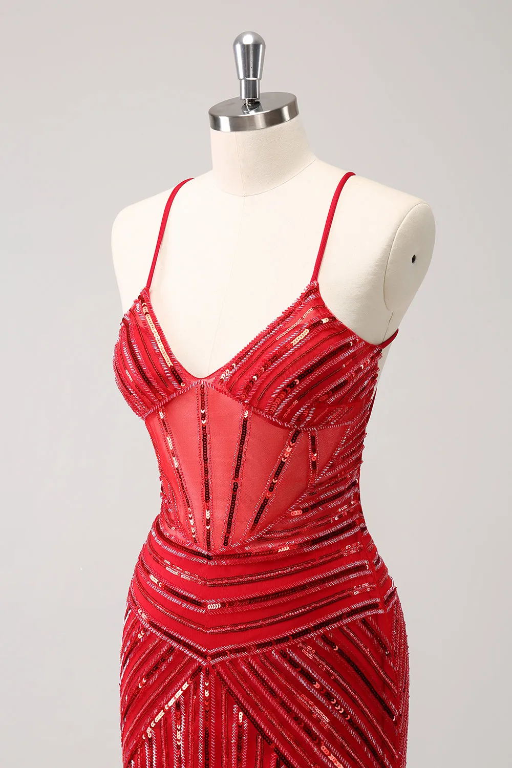 Sparkly Unique Red Tight Spaghetti Straps Backless Sequin Homecoming Dress