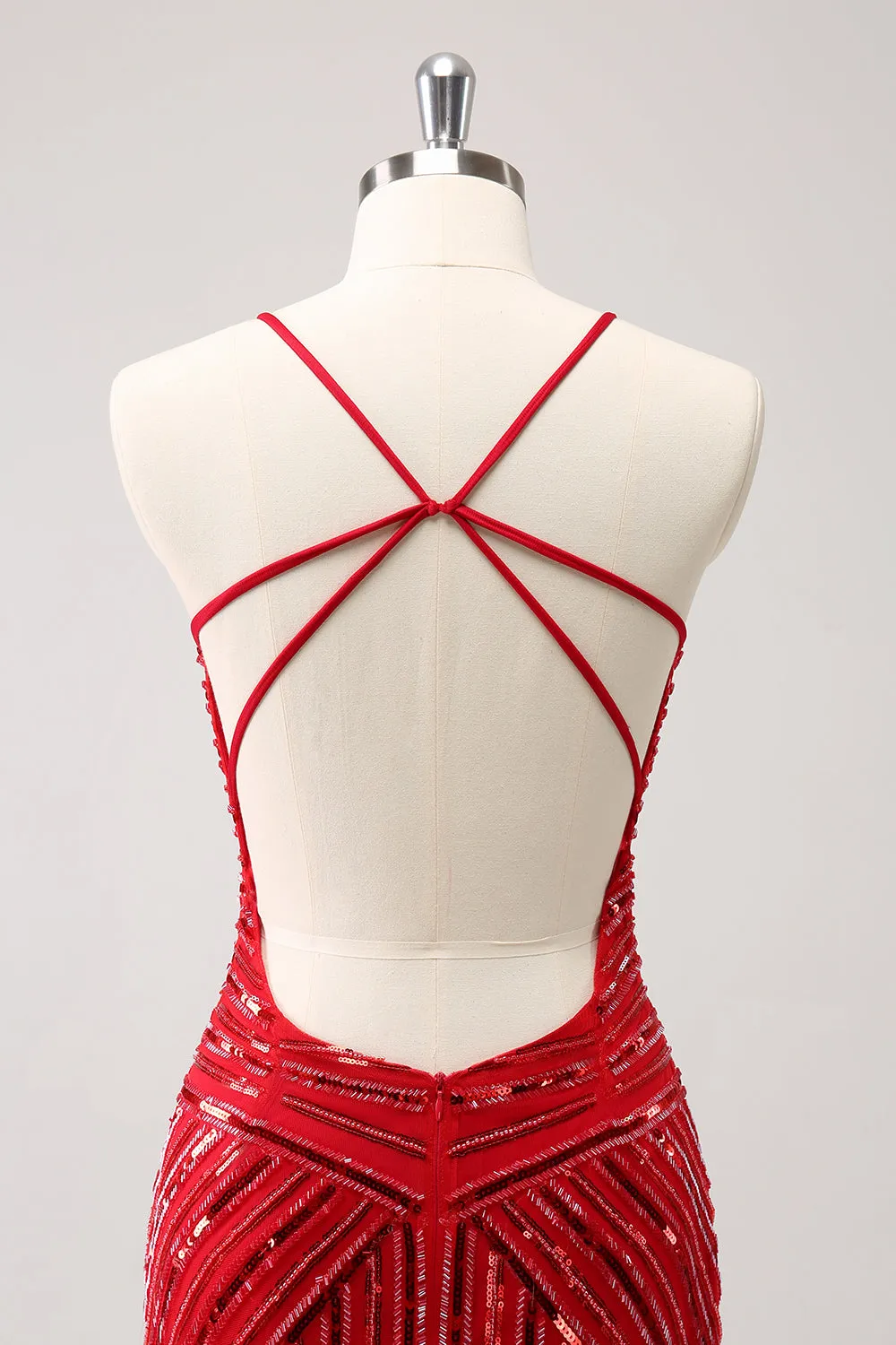 Sparkly Unique Red Tight Spaghetti Straps Backless Sequin Homecoming Dress