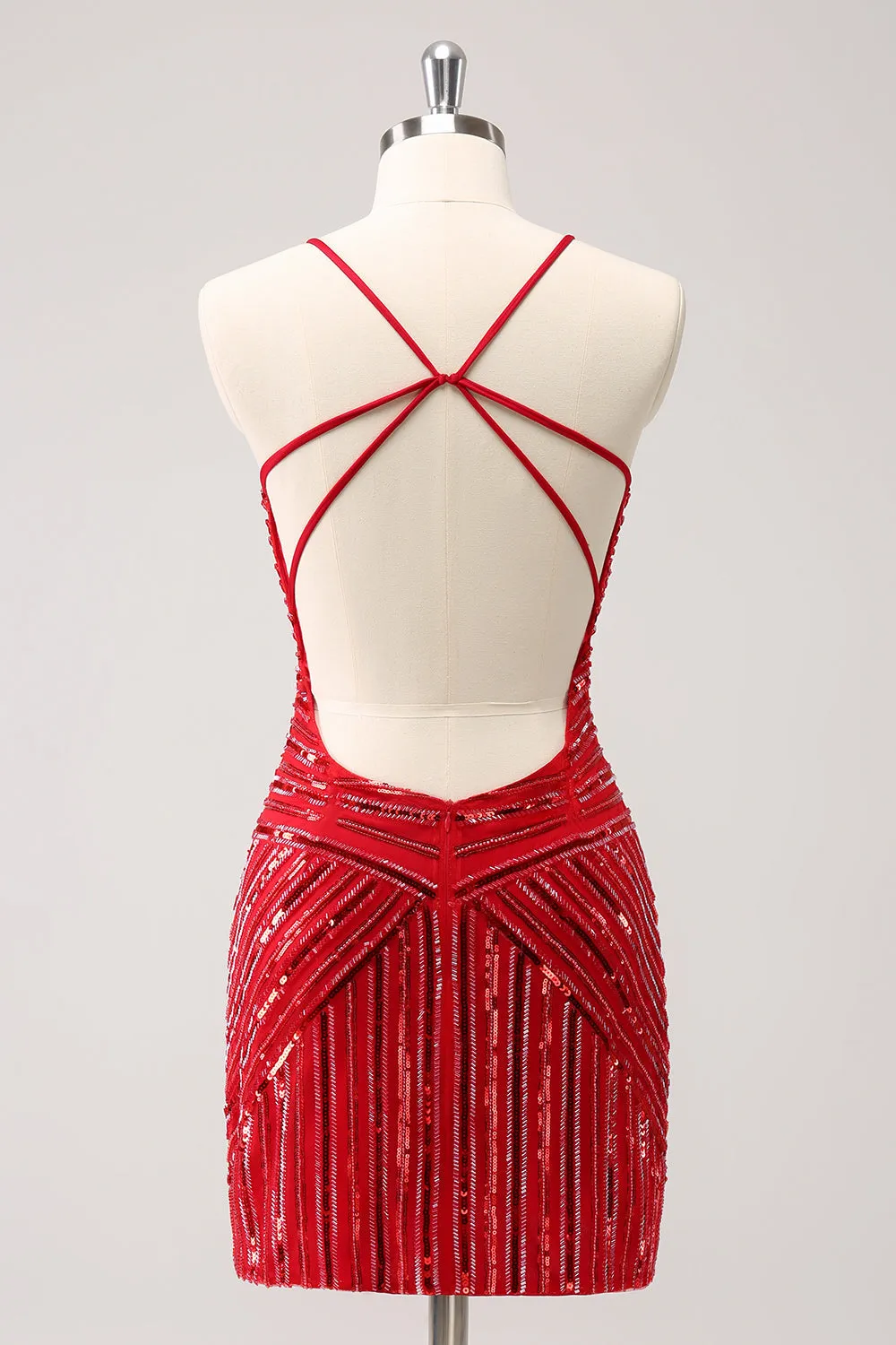 Sparkly Unique Red Tight Spaghetti Straps Backless Sequin Homecoming Dress