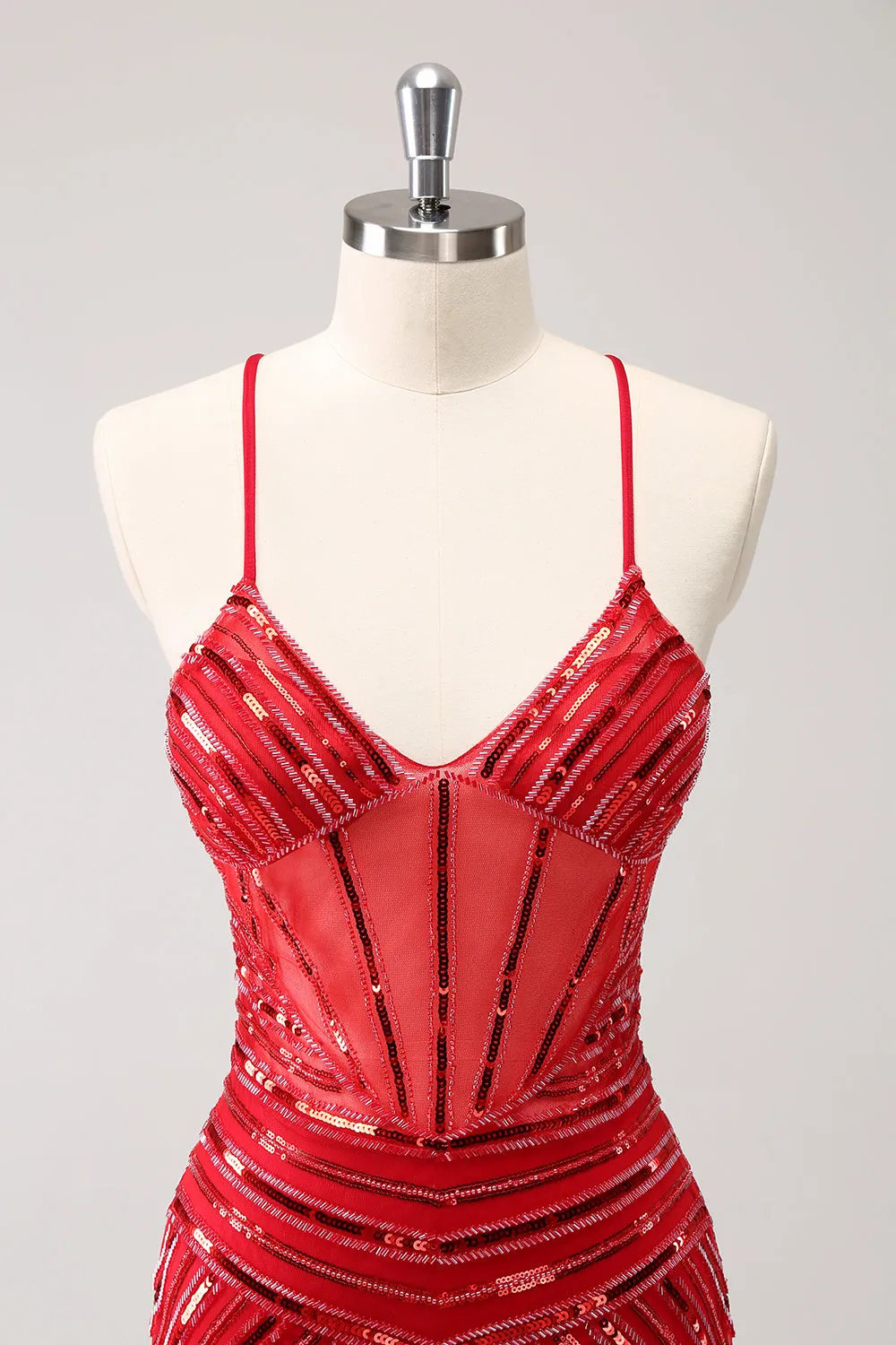 Sparkly Unique Red Tight Spaghetti Straps Backless Sequin Homecoming Dress