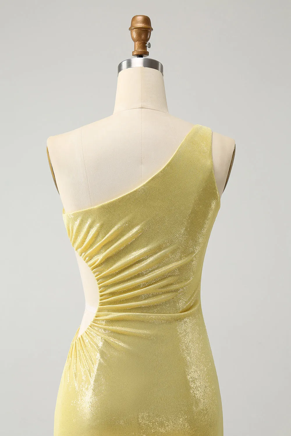 Sparkly Yellow Bodycon One Shoulder Hollow Out Pleated Short Homecoming Dress