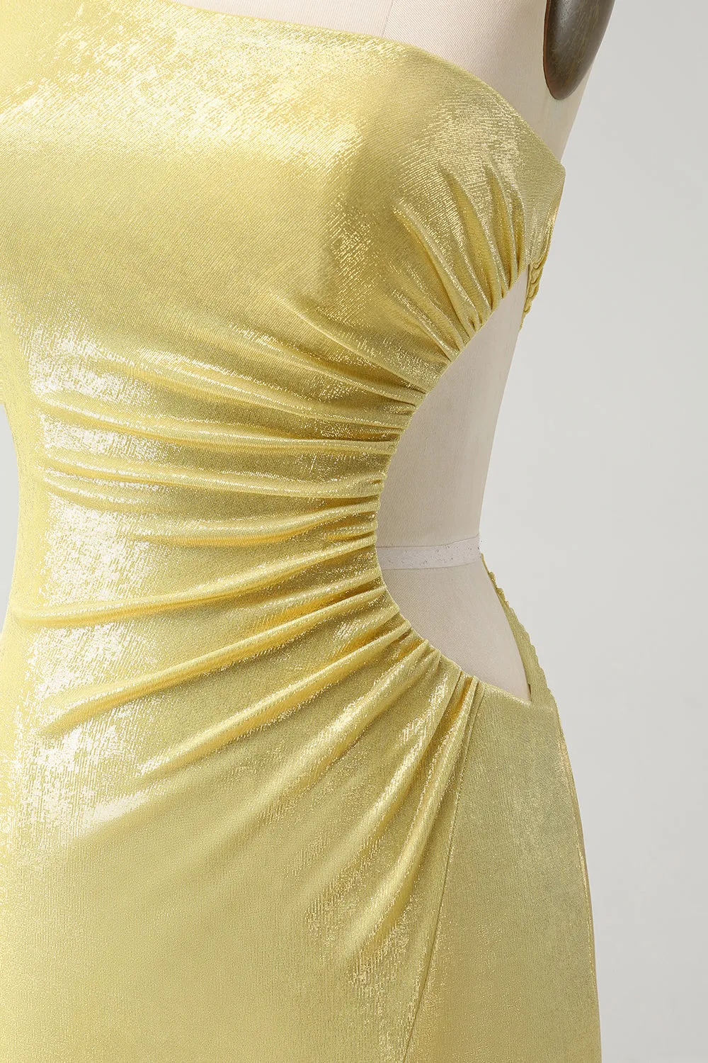 Sparkly Yellow Bodycon One Shoulder Hollow Out Pleated Short Homecoming Dress