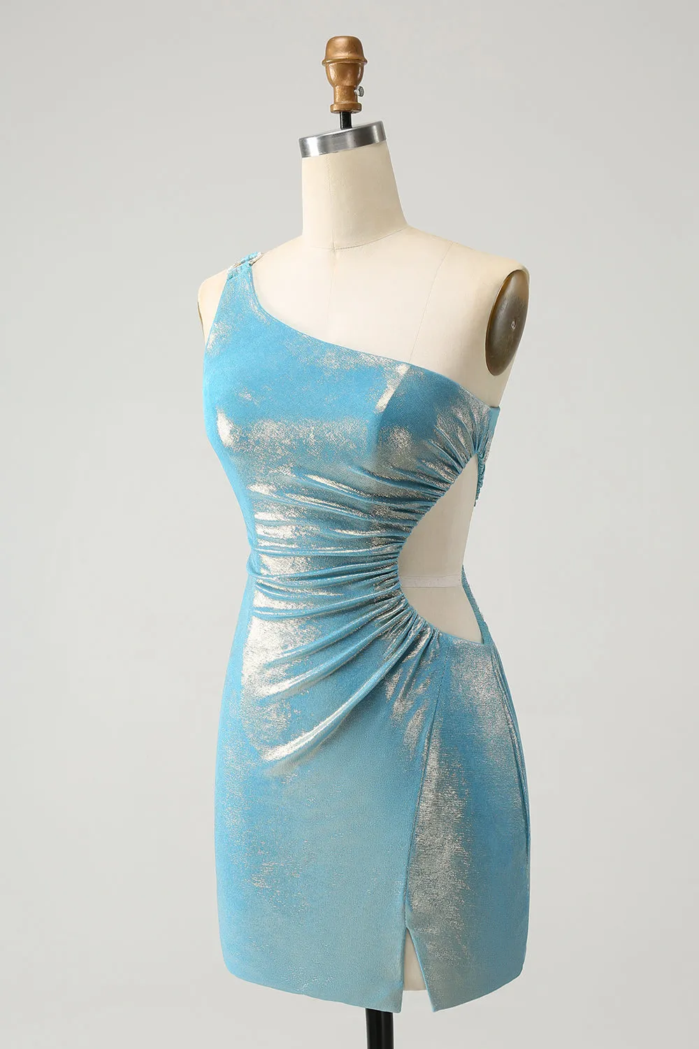 Sparkly Yellow Bodycon One Shoulder Hollow Out Pleated Short Homecoming Dress
