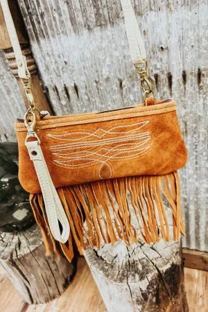 Toast Suede Clutch with Fringe