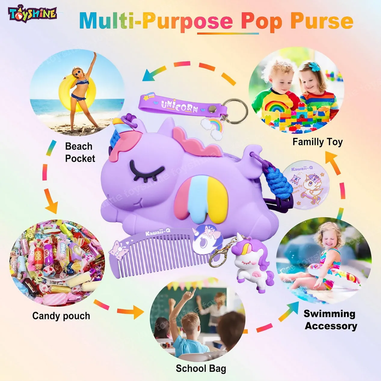Toyshine Unicorn Shape Silicone Purse for Girls Stylish Cross Body Bag with Adjustable Strap with Compact Mirror, Comb and Keychain Included