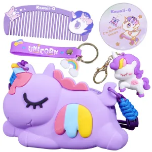 Toyshine Unicorn Shape Silicone Purse for Girls Stylish Cross Body Bag with Adjustable Strap with Compact Mirror, Comb and Keychain Included