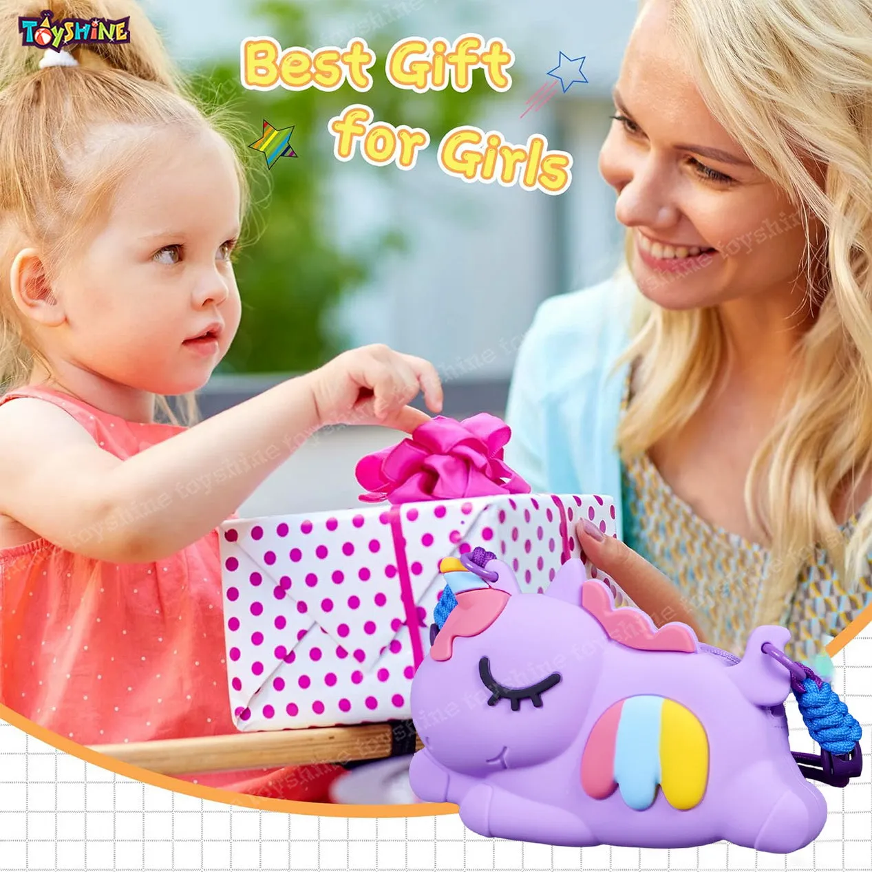 Toyshine Unicorn Shape Silicone Purse for Girls Stylish Cross Body Bag with Adjustable Strap with Compact Mirror, Comb and Keychain Included