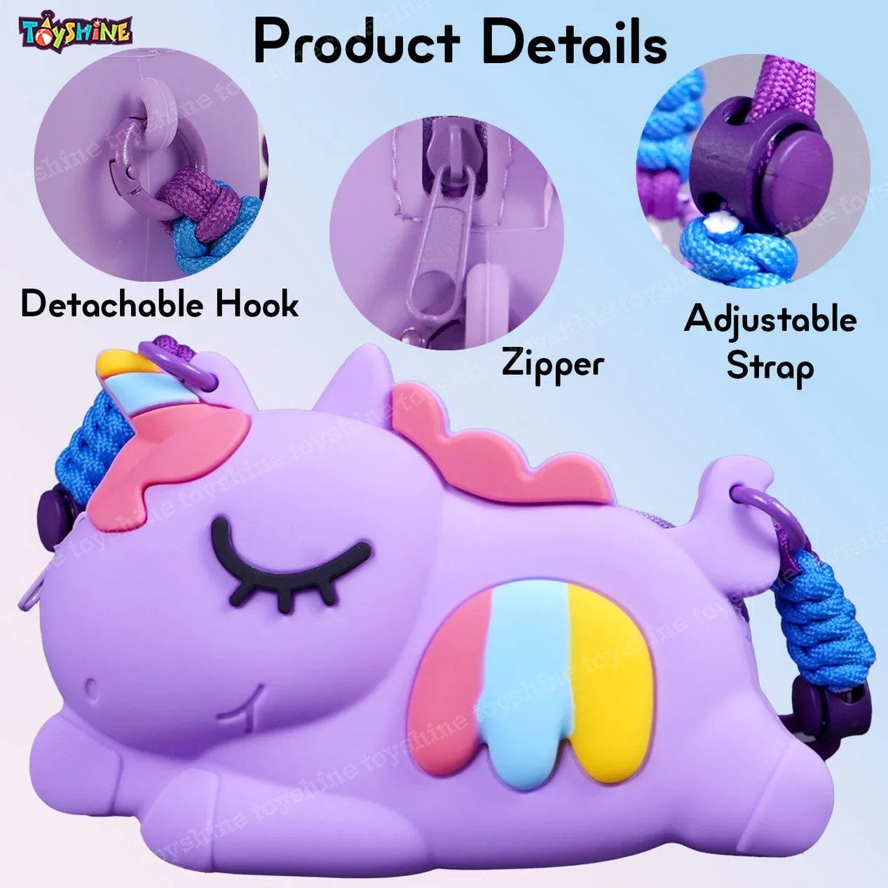 Toyshine Unicorn Shape Silicone Purse for Girls Stylish Cross Body Bag with Adjustable Strap with Compact Mirror, Comb and Keychain Included
