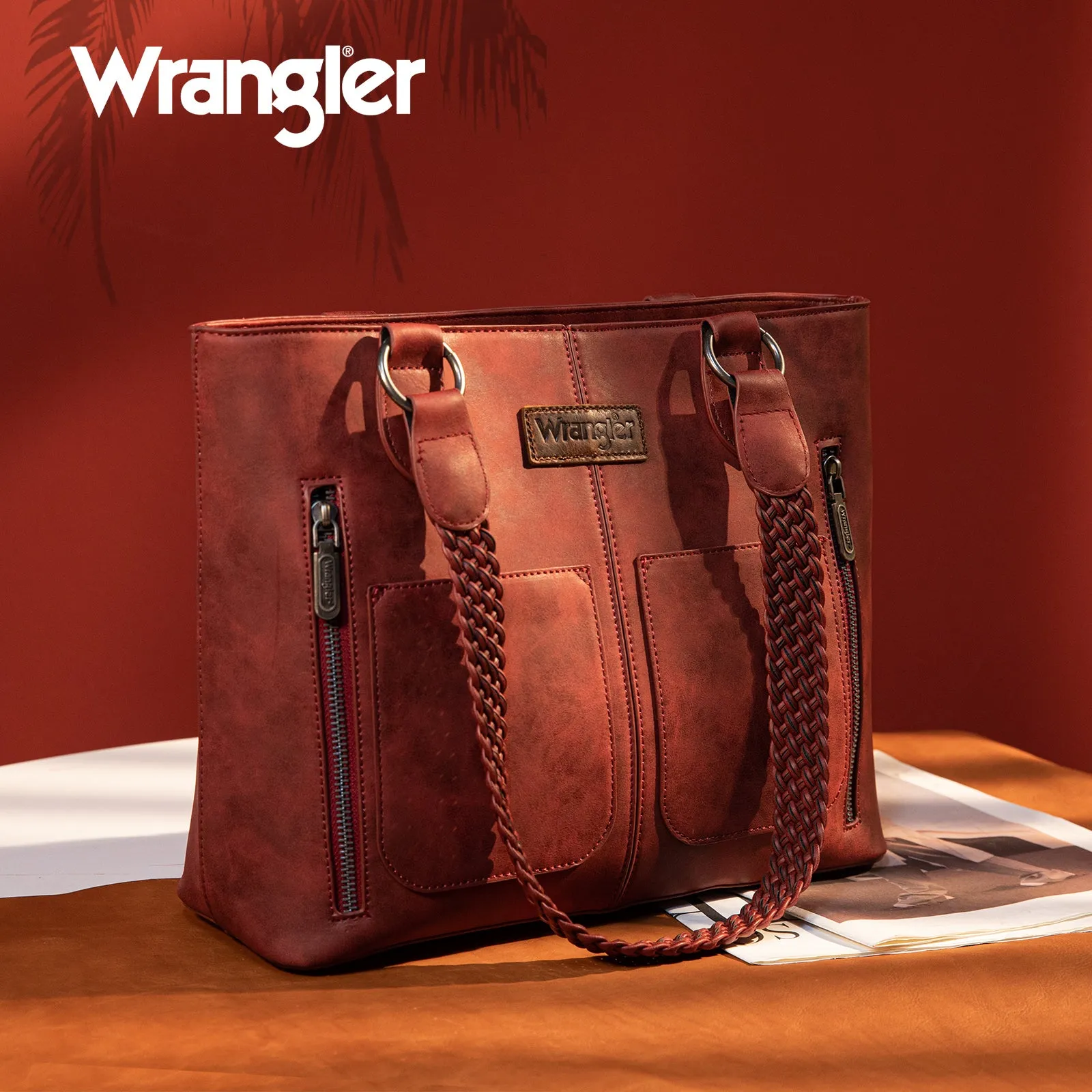 WG78-G8317  Wrangler Braided Detail Multi Pockets Concealed Carry Tote - Red