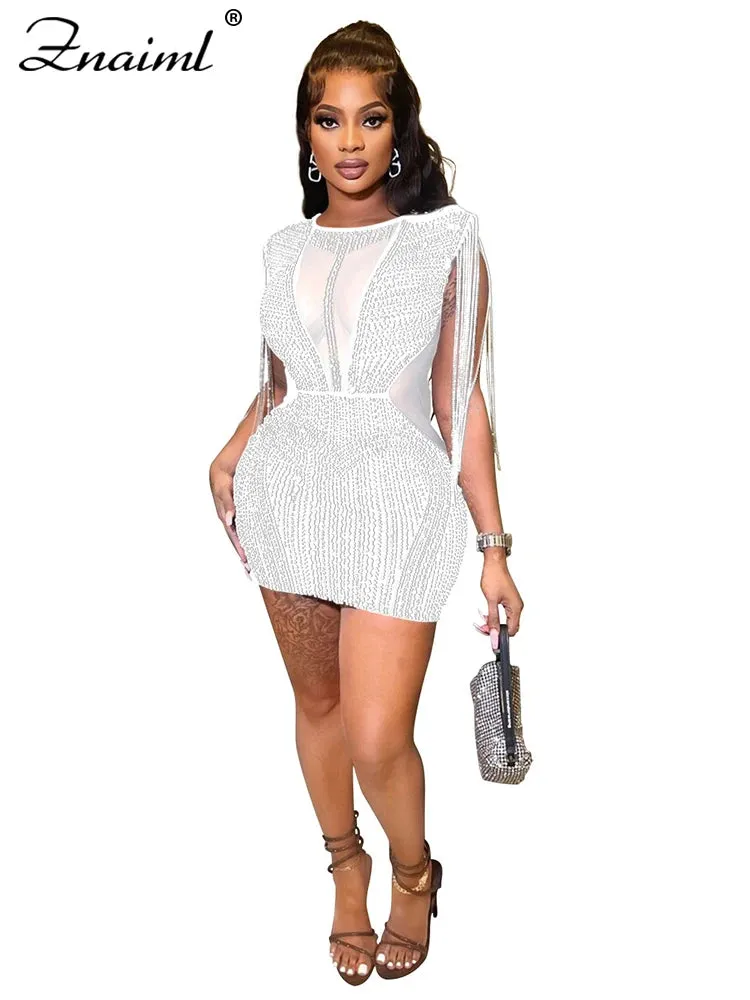 Znaiml Luxury Mesh Sheer Patchwork Sparkly Dresses
